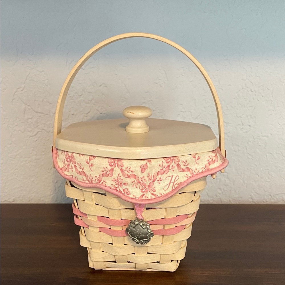 Longaberger Cream and Pink Woven Basket with Lid